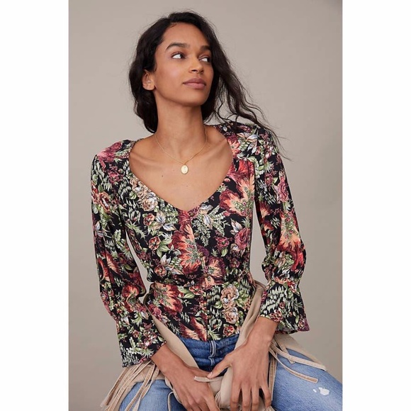 Maeve Percie Floral Cottage Boho Hipster Hippie Art Deco Farm Hip Peasant Blouse - Picture 1 of 2